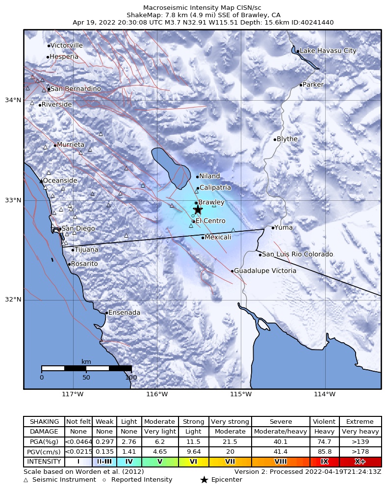 USGS ShakeMap intensity contours for the M3.7 earthquake near 8km SSE of Brawley, CA