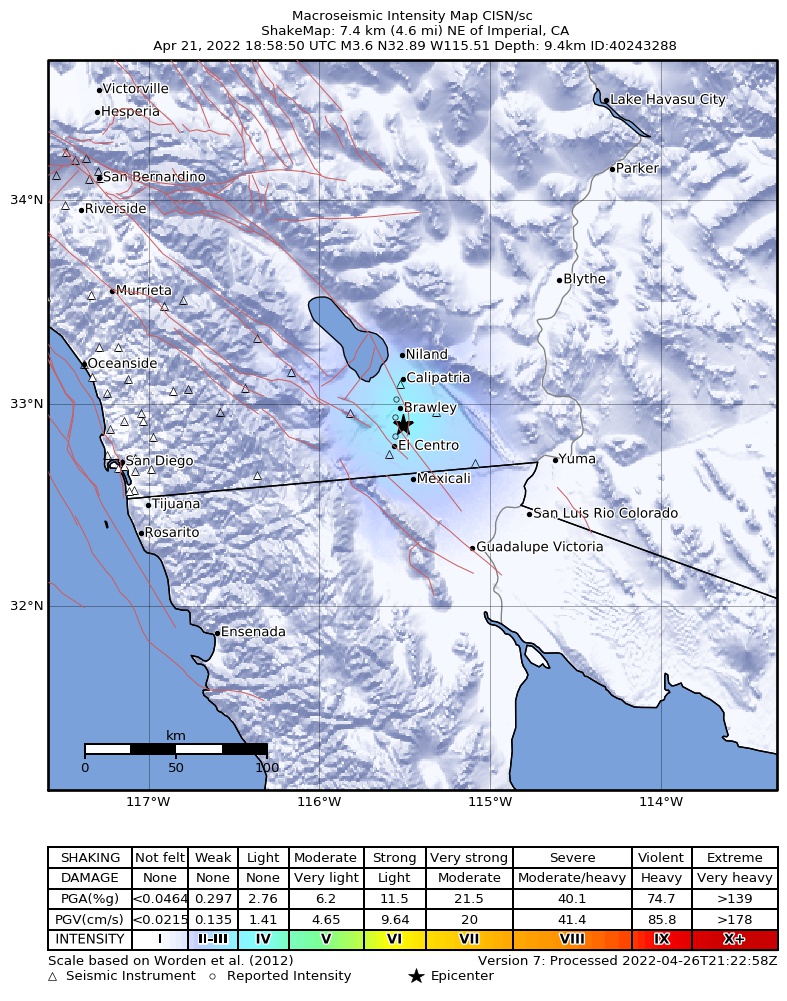 USGS ShakeMap intensity contours for the M3.6 earthquake near 7km NE of Imperial, CA