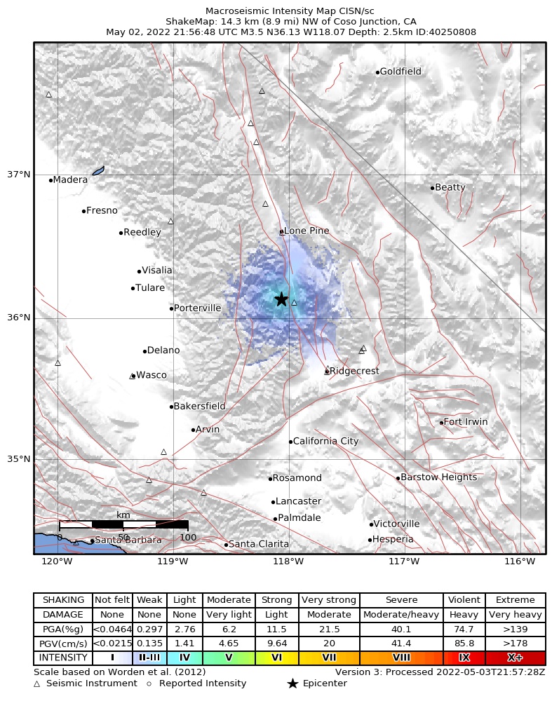 USGS ShakeMap intensity contours for the M3.5 earthquake near 14km NW of Coso Junction, CA
