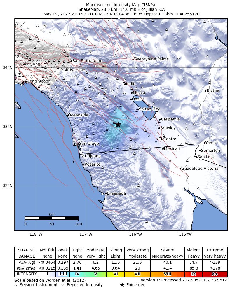 USGS ShakeMap intensity contours for the M3.5 earthquake near 24km E of Julian, CA