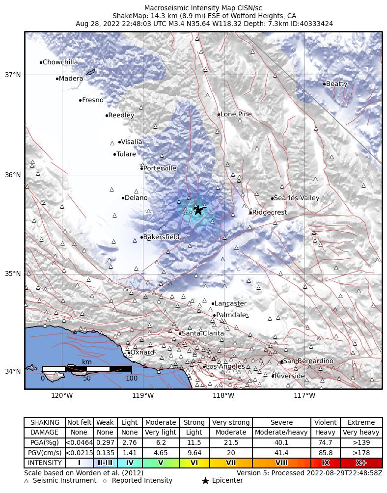 USGS ShakeMap intensity contours for the M3.4 earthquake near 14km ESE of Wofford Heights, CA