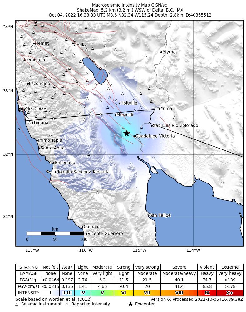 USGS ShakeMap intensity contours for the M3.6 earthquake near 5km WSW of Delta, B.C., MX
