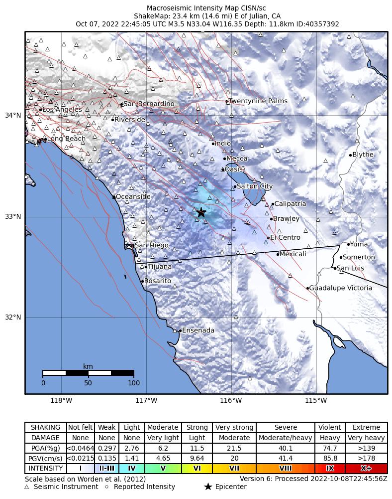 USGS ShakeMap intensity contours for the M3.5 earthquake near 23km E of Julian, CA