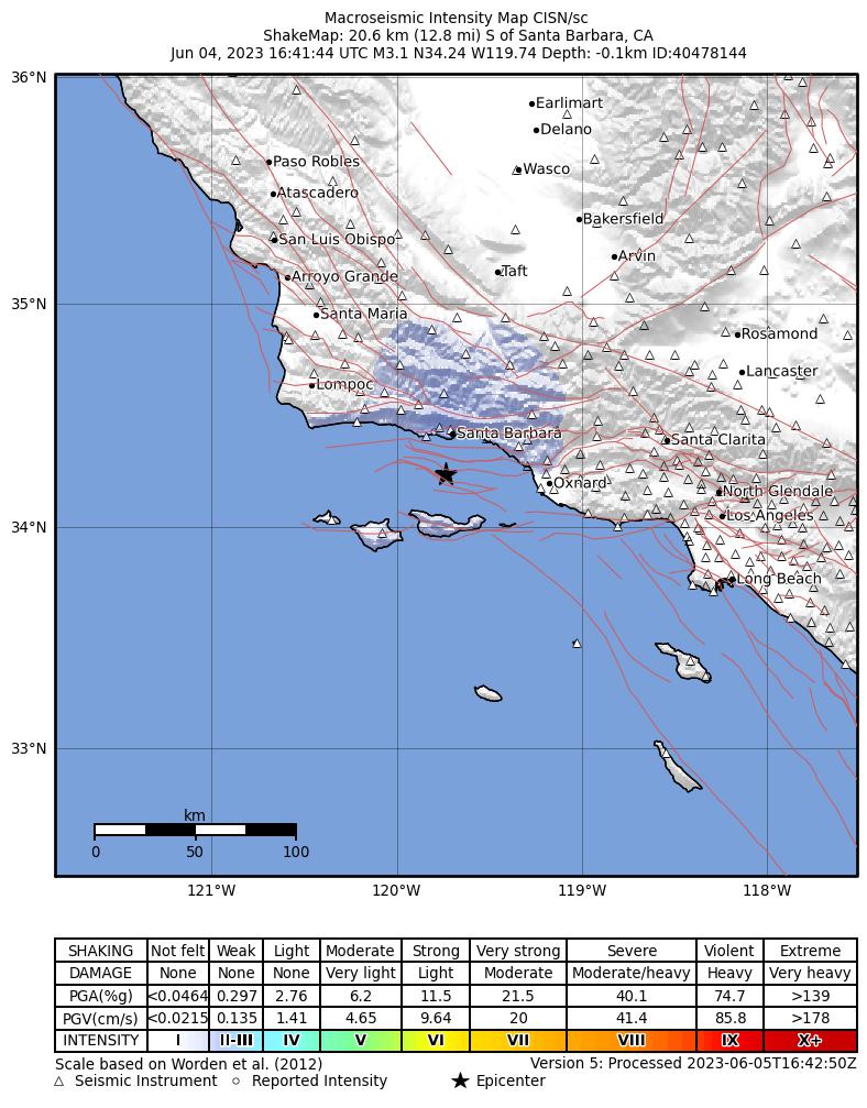 USGS ShakeMap intensity contours for the M3.1 earthquake near 21km S of Santa Barbara, CA