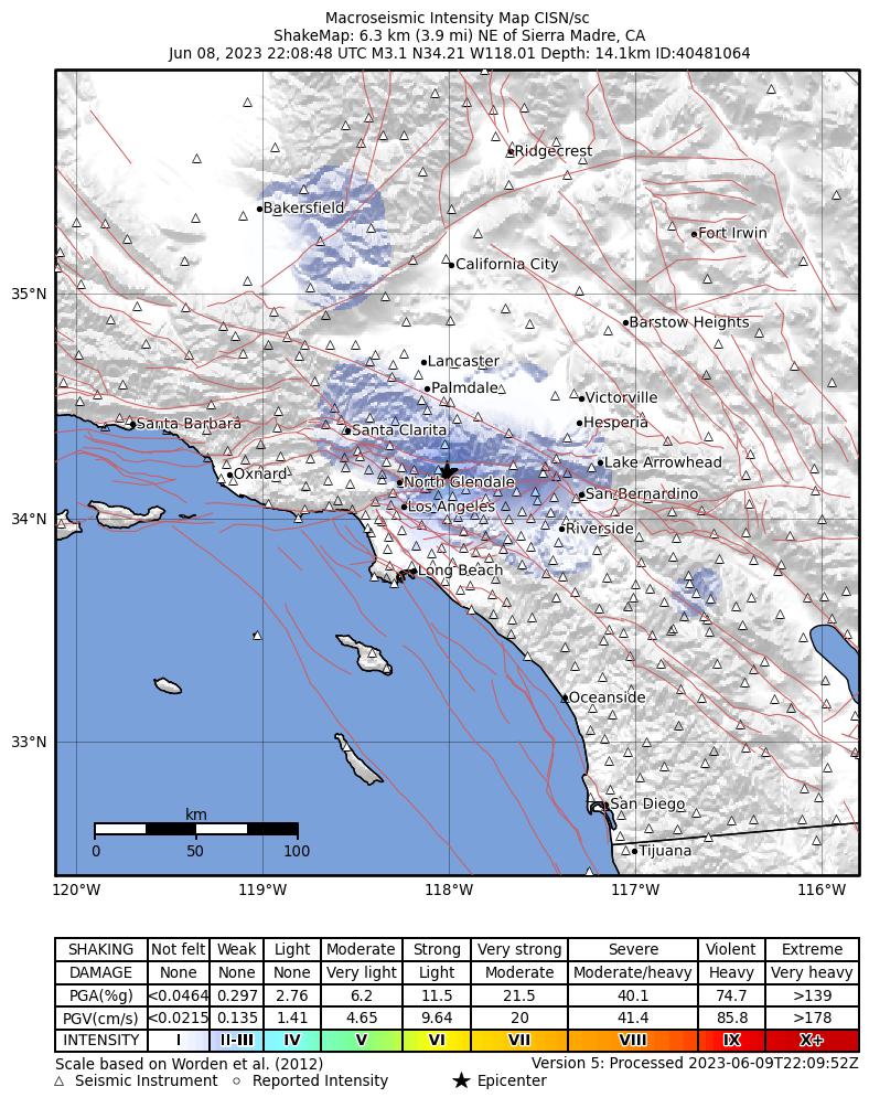 USGS ShakeMap intensity contours for the M3.1 earthquake near 6km NE of Sierra Madre, CA