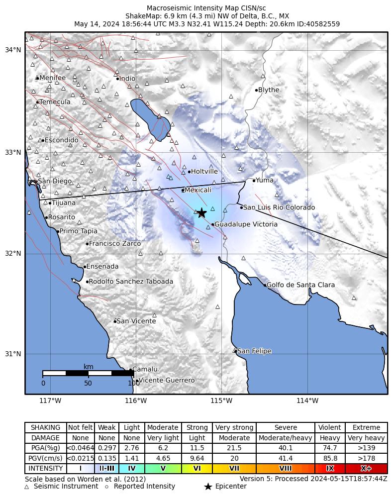 USGS ShakeMap intensity contours for the M3.3 earthquake near 7 km NW of Delta, B.C., MX