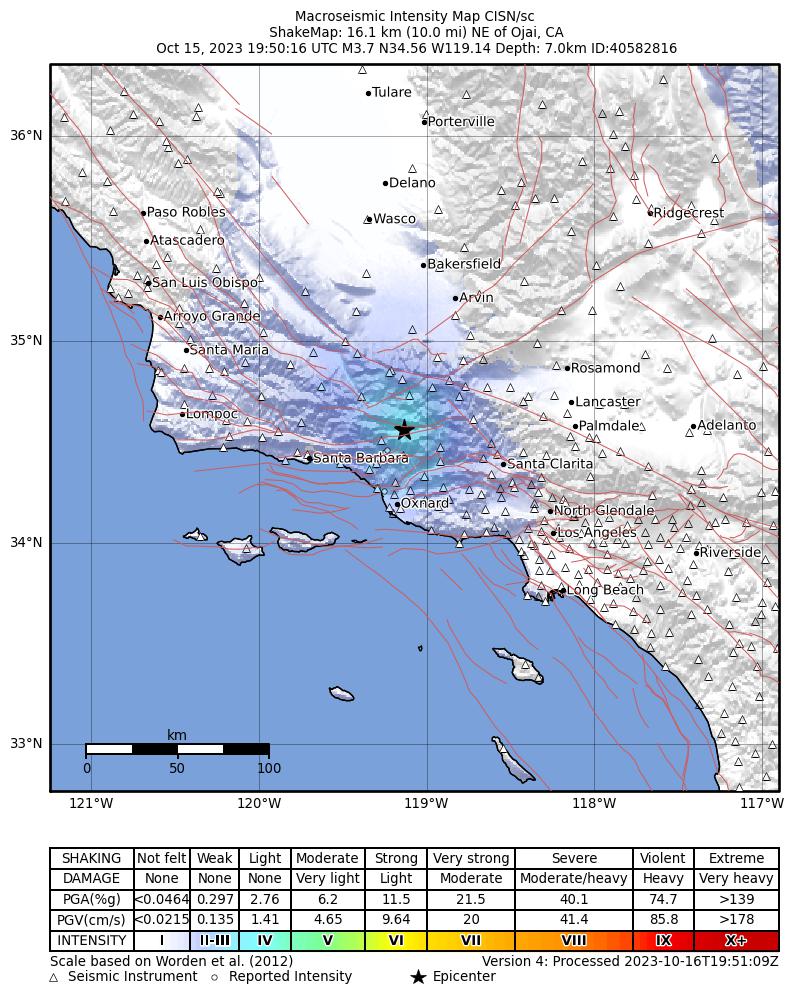 USGS ShakeMap intensity contours for the M3.7 earthquake near 16 km NE of Ojai, CA