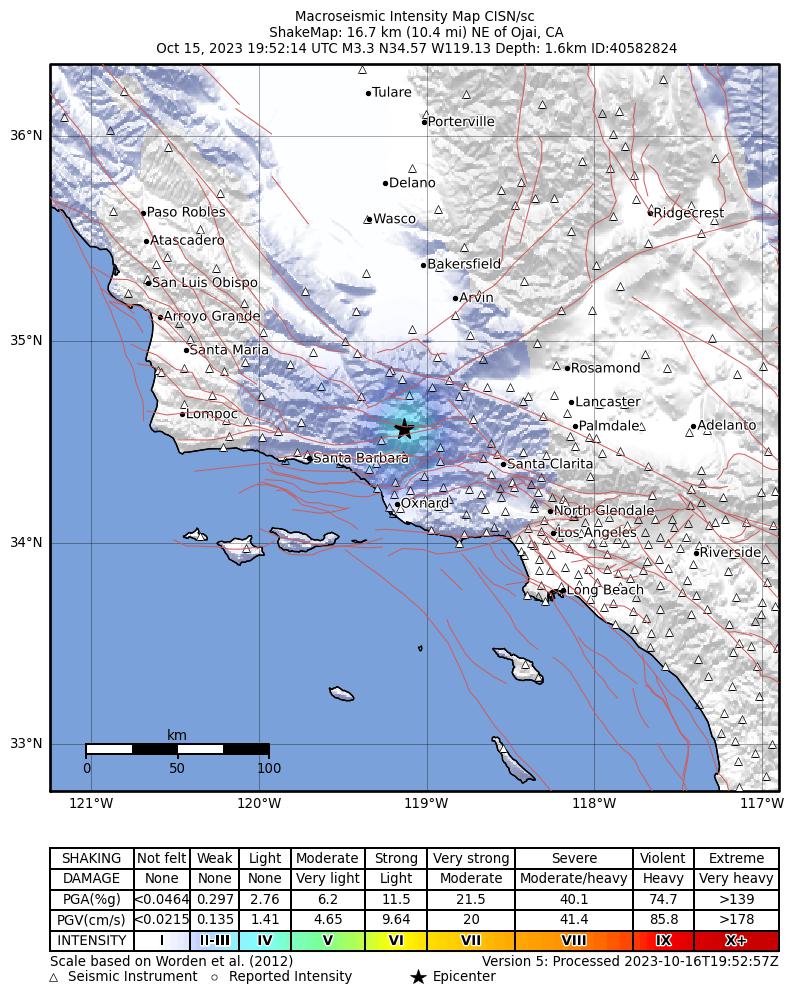 USGS ShakeMap intensity contours for the M3.3 earthquake near 17 km NE of Ojai, CA