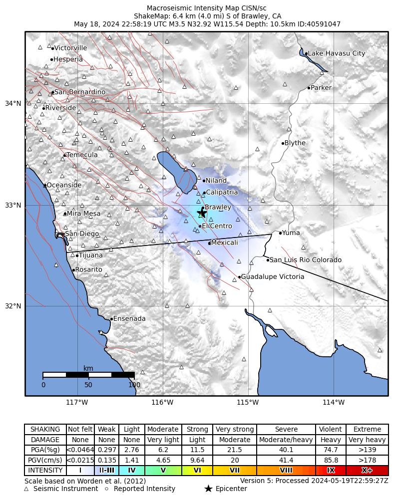 USGS ShakeMap intensity contours for the M3.5 earthquake near 6 km S of Brawley, CA
