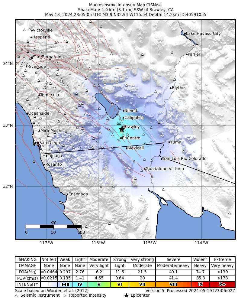 USGS ShakeMap intensity contours for the M3.9 earthquake near 5 km SSW of Brawley, CA