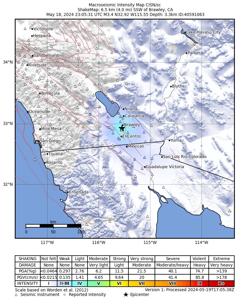 USGS ShakeMap intensity contours for the M3.4 earthquake near 6 km SSW of Brawley, CA