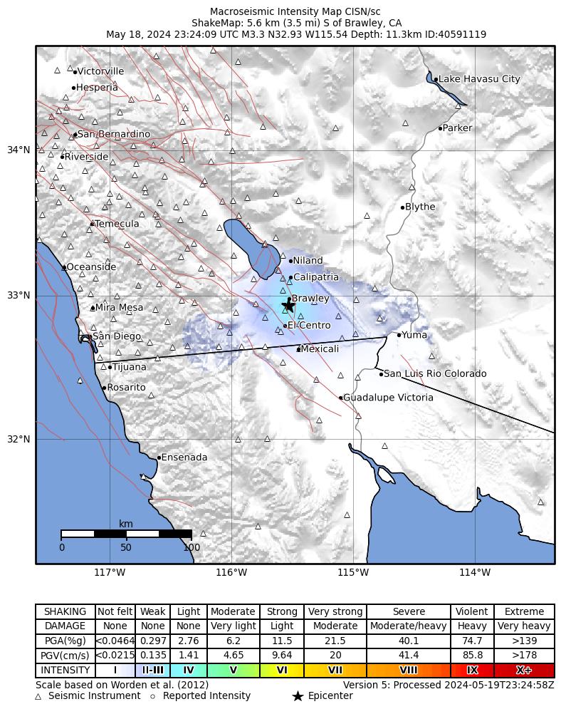 USGS ShakeMap intensity contours for the M3.3 earthquake near 6 km S of Brawley, CA