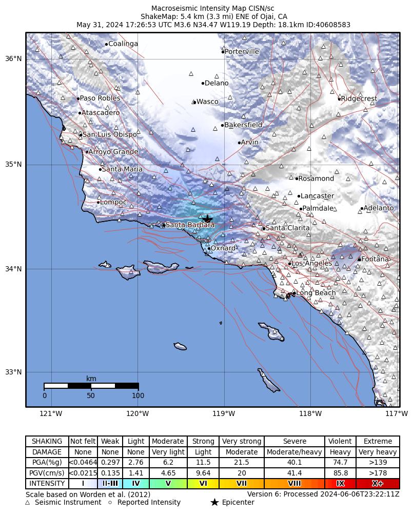 USGS ShakeMap intensity contours for the M3.6 earthquake near 5 km ENE of Ojai, CA