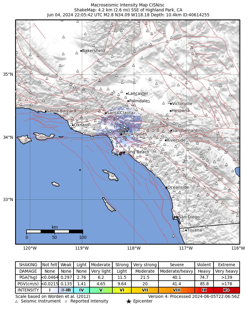 USGS ShakeMap intensity contours for the M2.8 earthquake near 4 km SSE of Highland Park, CA