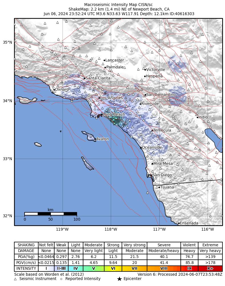 USGS ShakeMap intensity contours for the M3.6 earthquake near 2 km NE of Newport Beach, CA