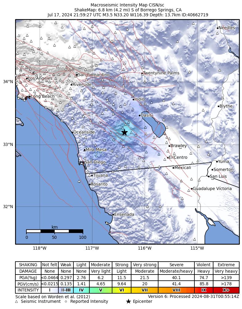 USGS ShakeMap intensity contours for the M3.5 earthquake near 7 km S of Borrego Springs, CA
