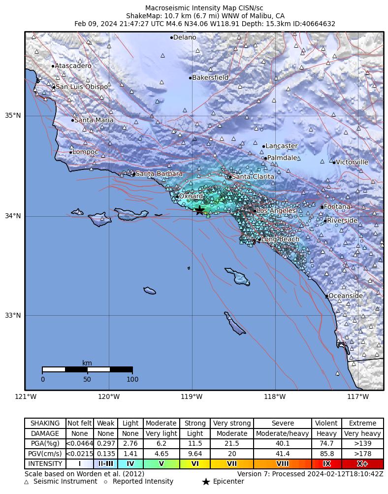 USGS ShakeMap intensity contours for the M4.6 earthquake near 11 km WNW of Malibu, CA