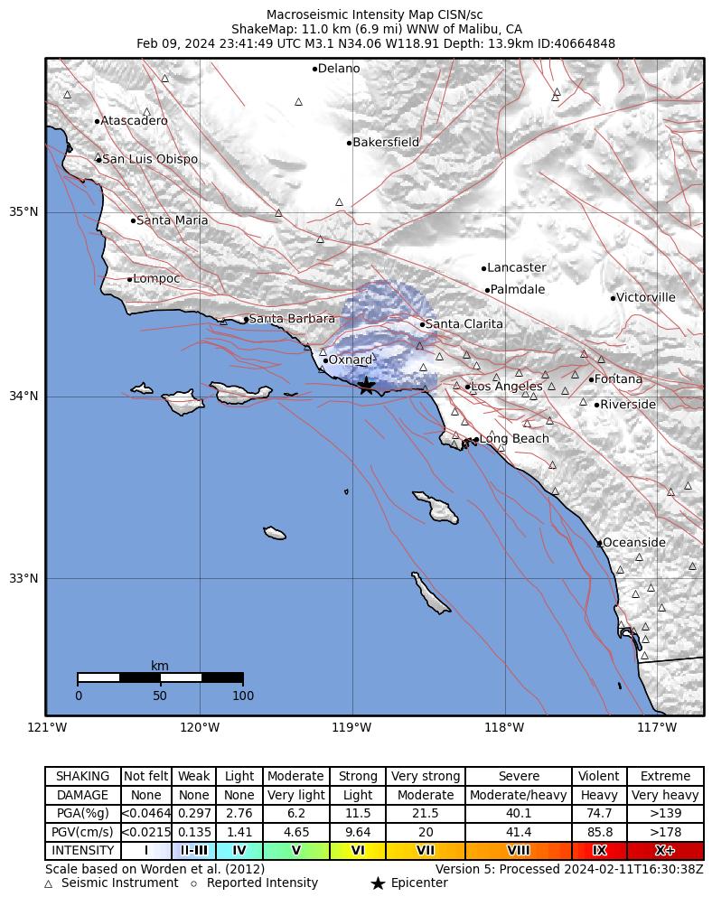 USGS ShakeMap intensity contours for the M3.1 earthquake near 11 km WNW of Malibu, CA