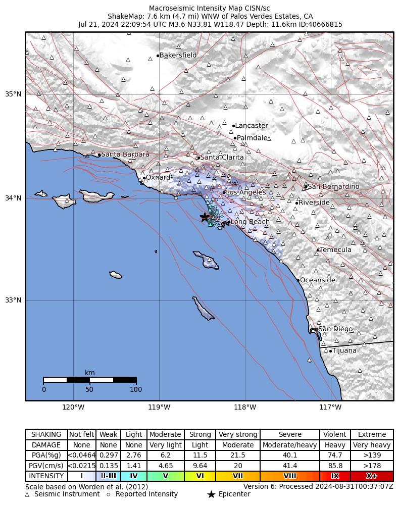 USGS ShakeMap intensity contours for the M3.6 earthquake near 8 km WNW of Palos Verdes Estates, CA