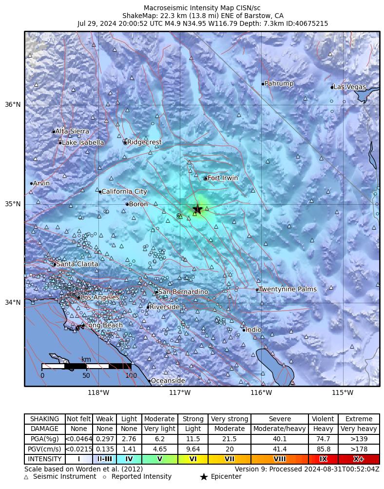 USGS ShakeMap intensity contours for the M4.9 earthquake near 22 km ENE of Barstow, CA
