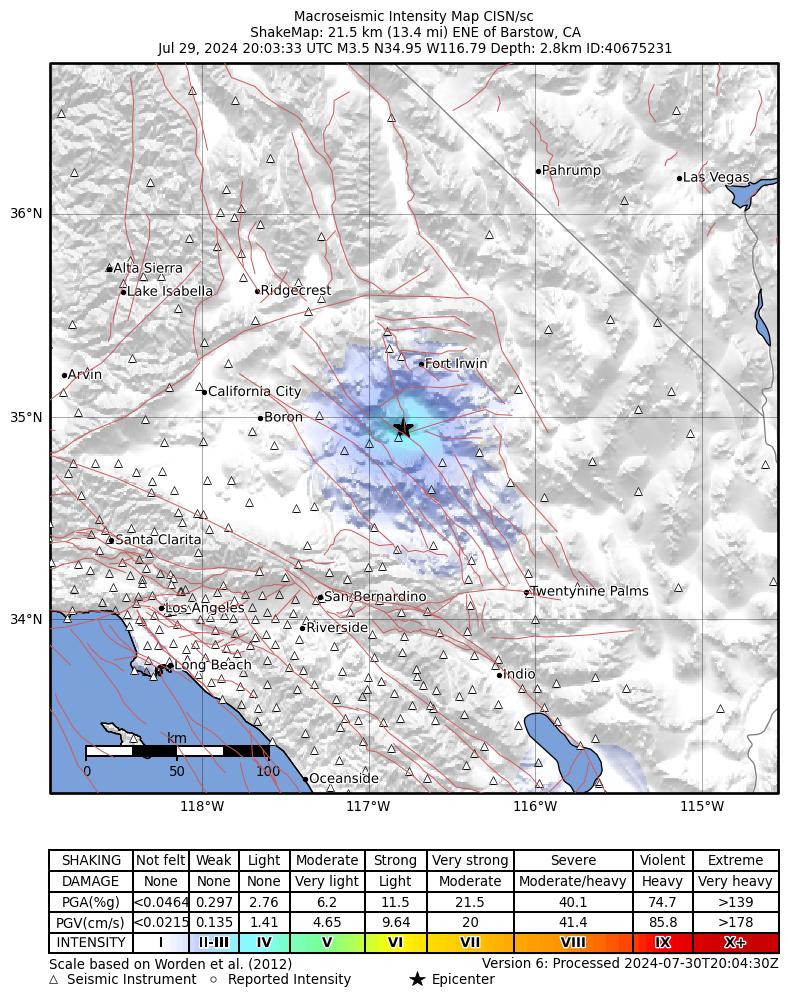 USGS ShakeMap intensity contours for the M3.5 earthquake near 22 km ENE of Barstow, CA