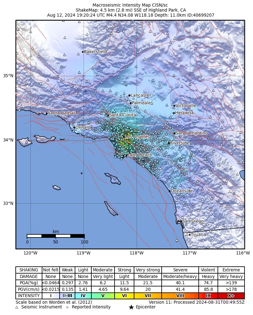 USGS ShakeMap intensity contours for the M4.4 earthquake near 4 km SSE of Highland Park, CA