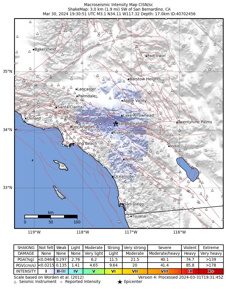 USGS ShakeMap intensity contours for the M3.1 earthquake near 3 km SW of San Bernardino, CA