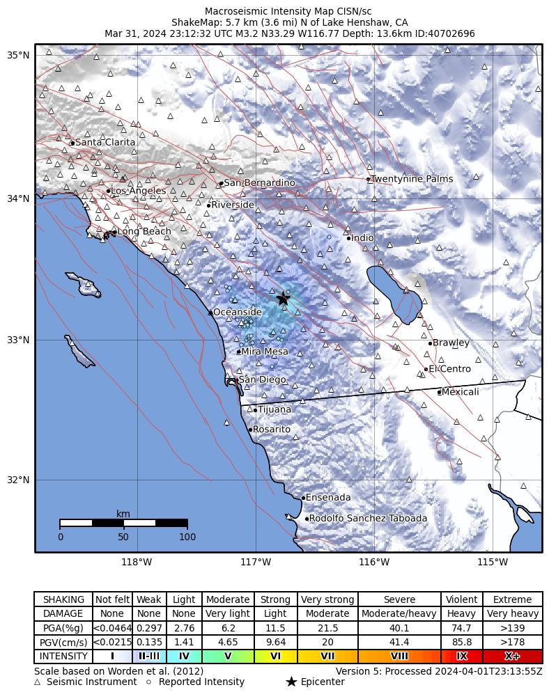 USGS ShakeMap intensity contours for the M3.2 earthquake near 6 km N of Lake Henshaw, CA