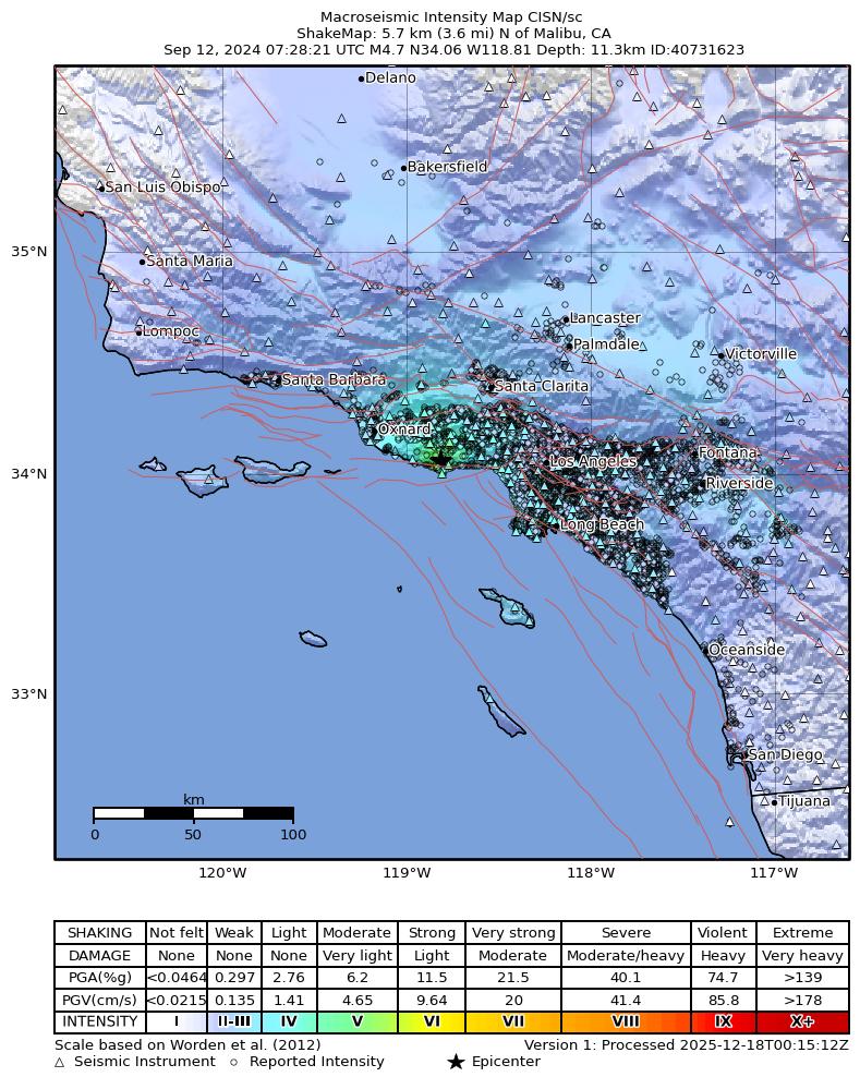 USGS ShakeMap intensity contours for the M4.7 earthquake near 6 km N of Malibu, CA