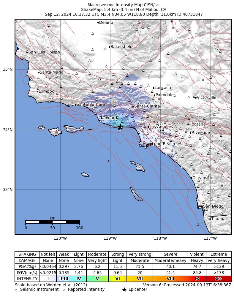 USGS ShakeMap intensity contours for the M3.4 earthquake near 5 km N of Malibu, CA