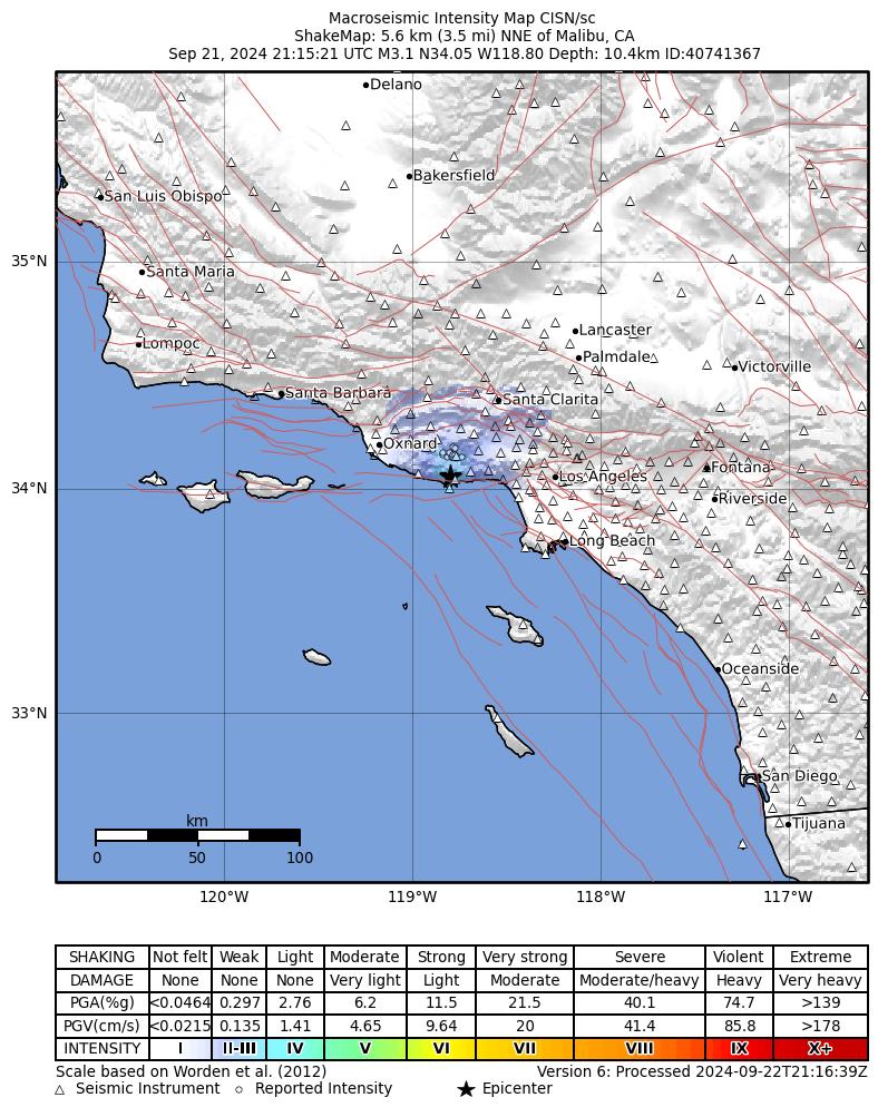 USGS ShakeMap intensity contours for the M3.1 earthquake near 6 km NNE of Malibu, CA