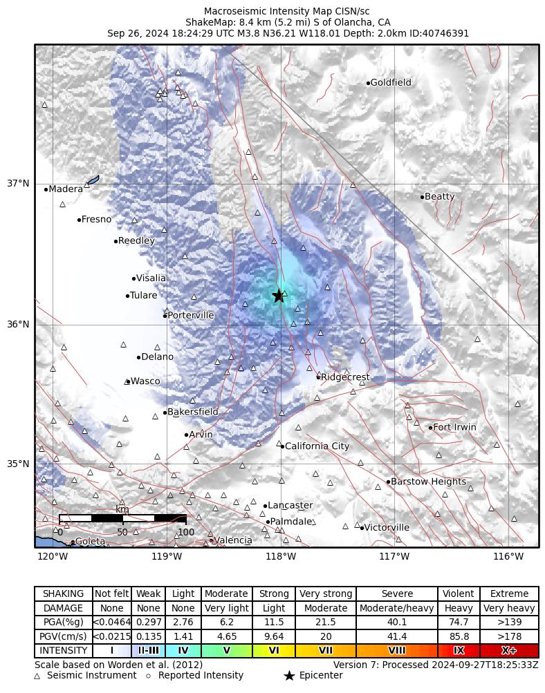 USGS ShakeMap intensity contours for the M3.8 earthquake near 8 km S of Olancha, CA