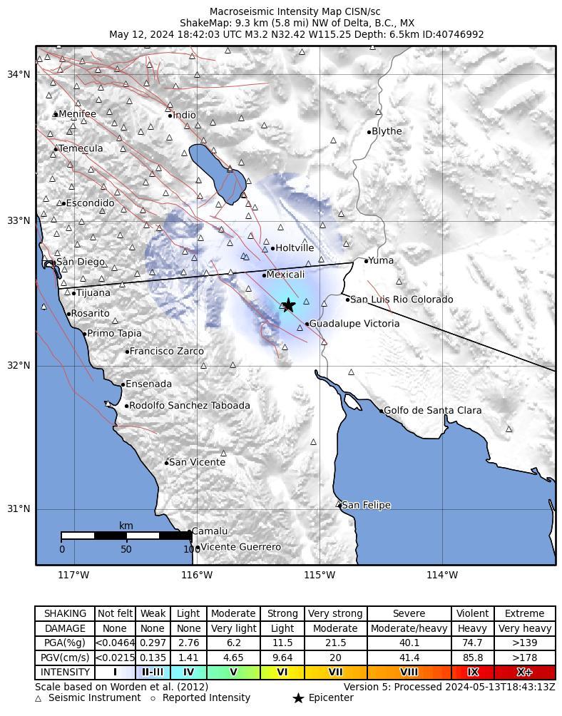 USGS ShakeMap intensity contours for the M3.2 earthquake near 9 km NW of Delta, B.C., MX