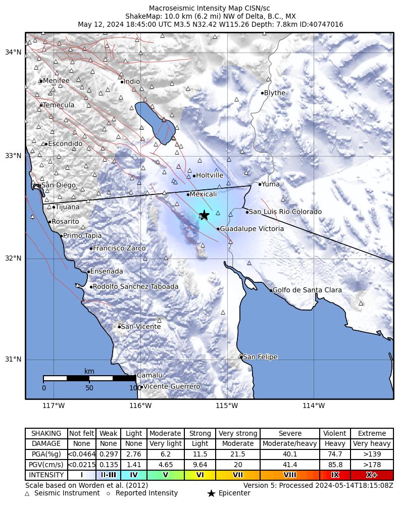 USGS ShakeMap intensity contours for the M3.5 earthquake near 10 km NW of Delta, B.C., MX