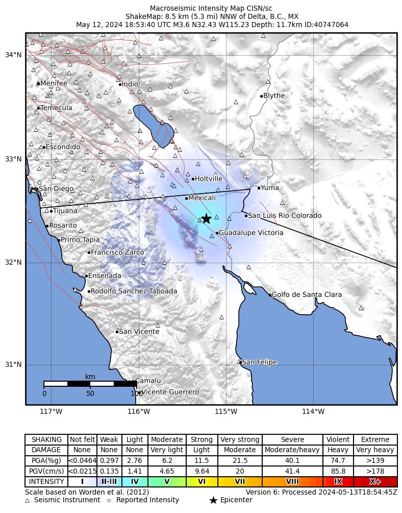 USGS ShakeMap intensity contours for the M3.6 earthquake near 8 km NNW of Delta, B.C., MX