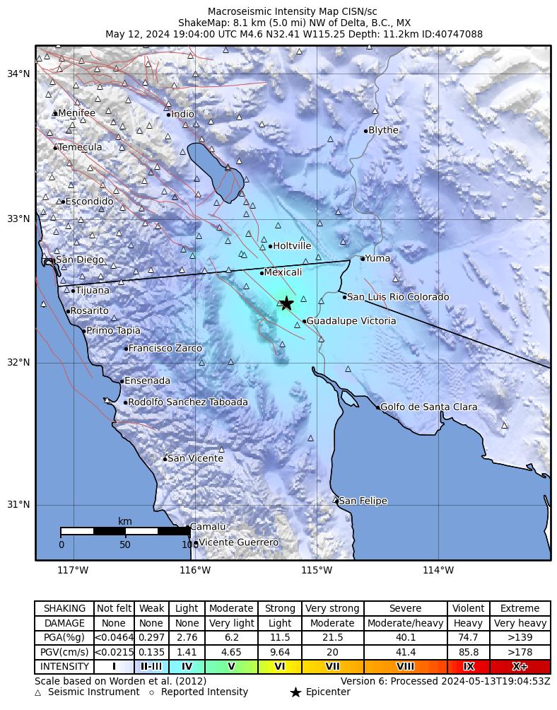 USGS ShakeMap intensity contours for the M4.6 earthquake near 8 km NW of Delta, B.C., MX