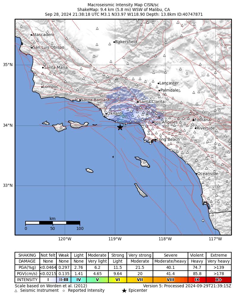USGS ShakeMap intensity contours for the M3.1 earthquake near 9 km WSW of Malibu, CA