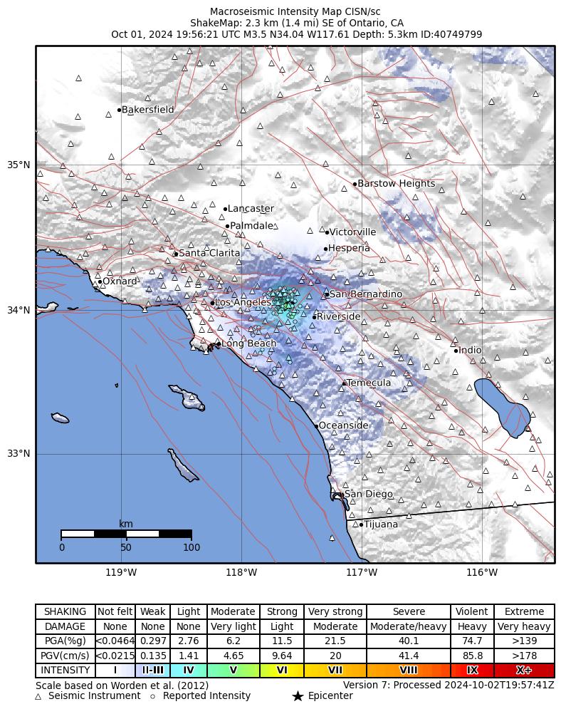 USGS ShakeMap intensity contours for the M3.5 earthquake near 2 km SE of Ontario, CA