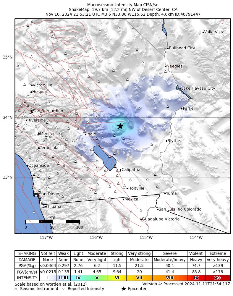 USGS ShakeMap intensity contours for the M3.6 earthquake near 20 km NW of Desert Center, CA