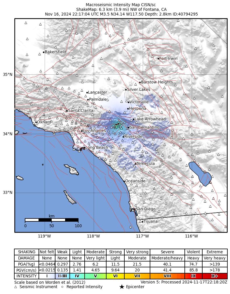 USGS ShakeMap intensity contours for the M3.5 earthquake near 6 km NW of Fontana, CA