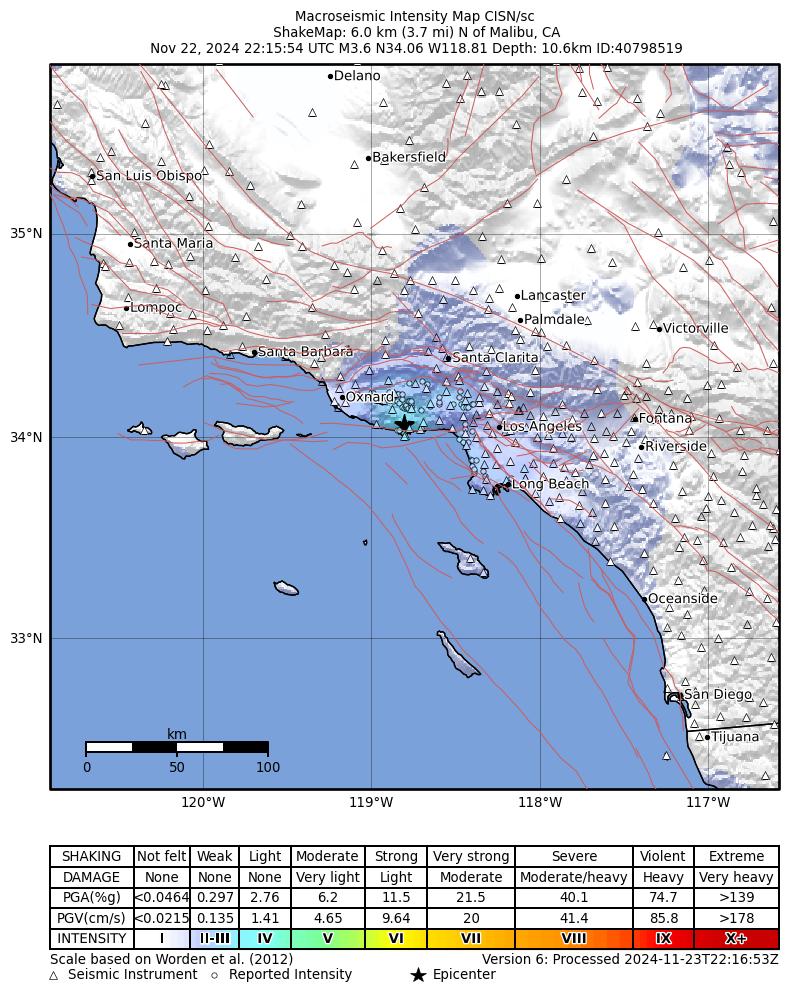 USGS ShakeMap intensity contours for the M3.8 earthquake near 6 km N of Malibu, CA
