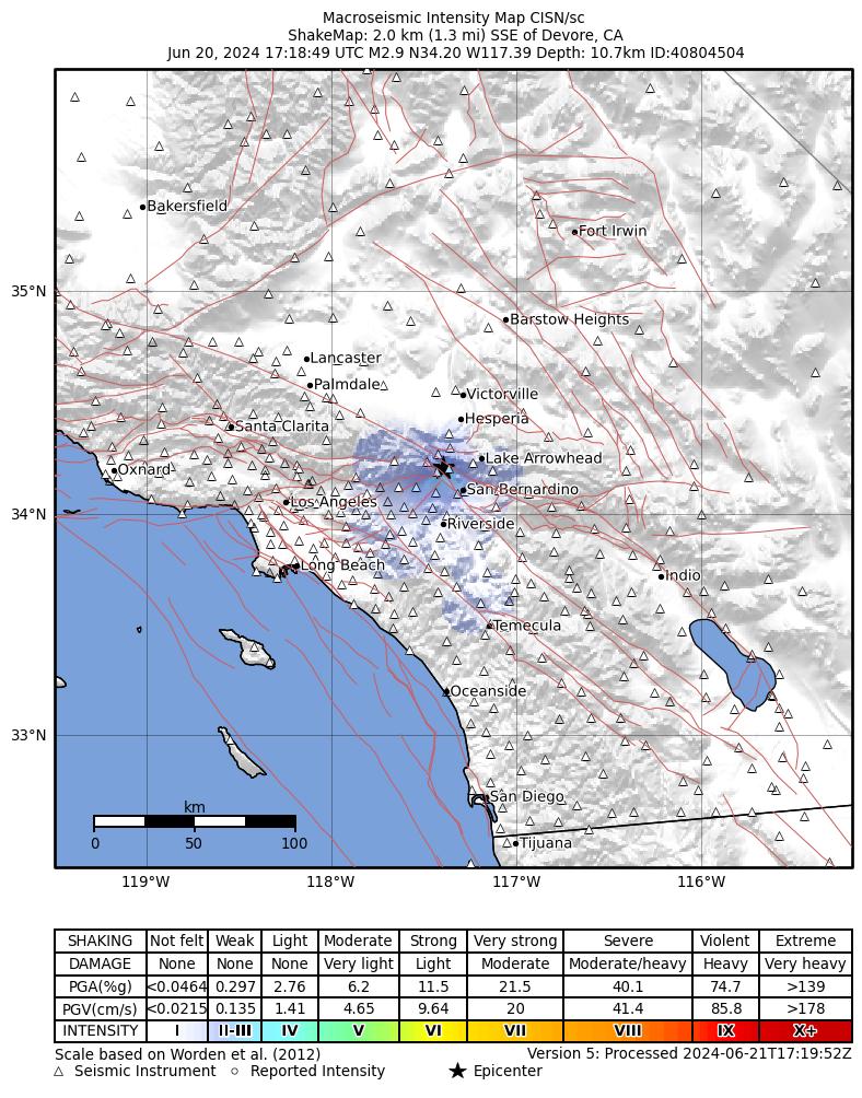 USGS ShakeMap intensity contours for the M2.9 earthquake near 2 km SSE of Devore, CA