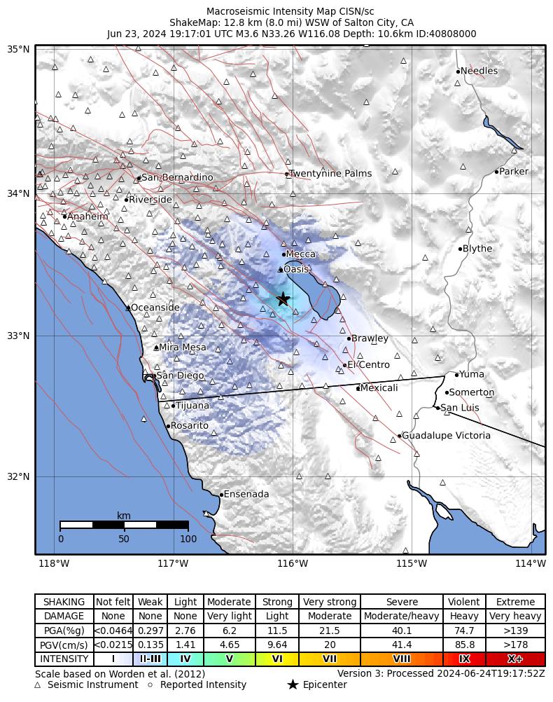 USGS ShakeMap intensity contours for the M3.6 earthquake near 13 km WSW of Salton City, CA