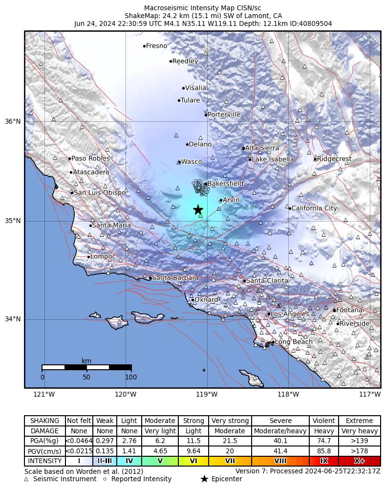 USGS ShakeMap intensity contours for the M4.1 earthquake near 24 km SW of Lamont, CA