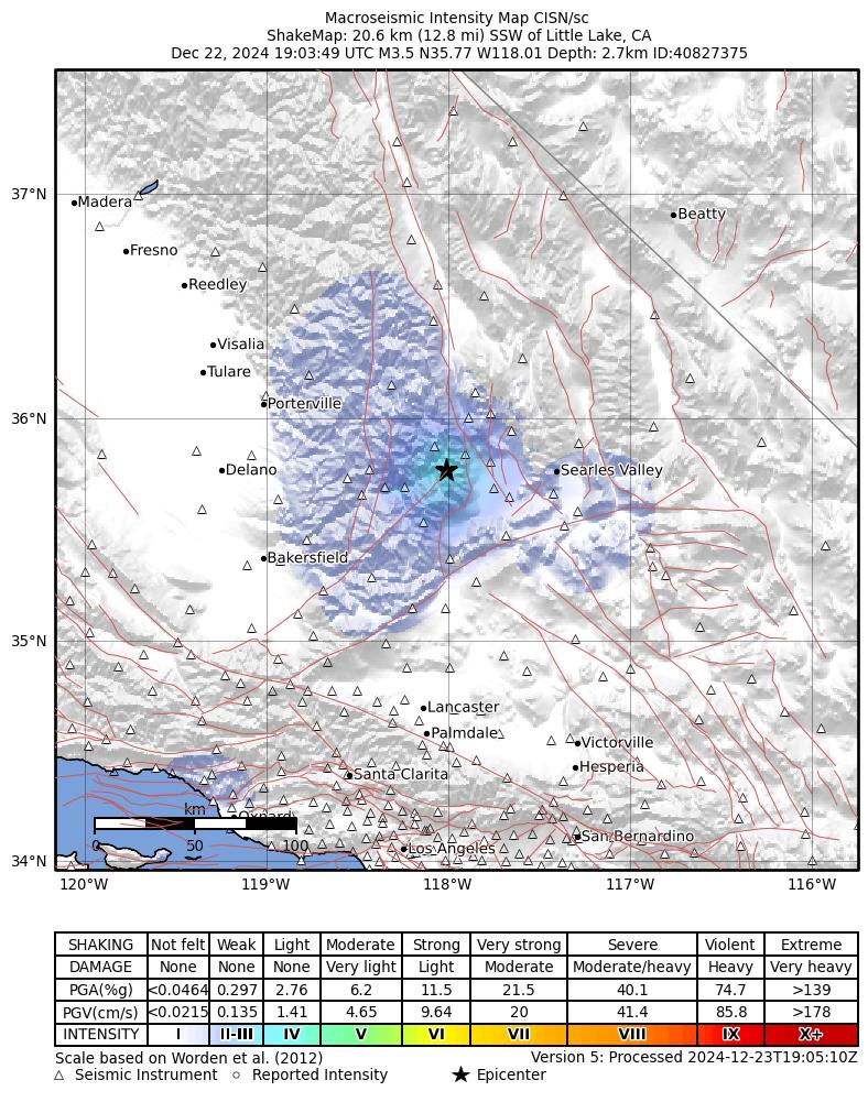 USGS ShakeMap intensity contours for the M3.5 earthquake near 21 km SSW of Little Lake, CA