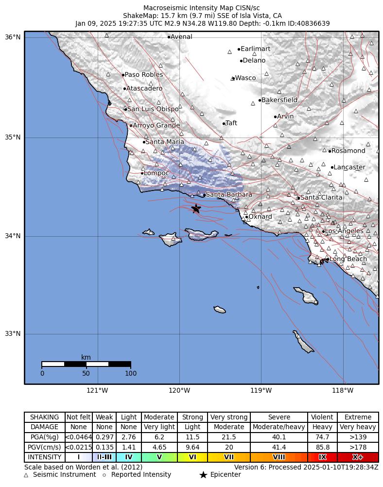 USGS ShakeMap intensity contours for the M2.9 earthquake near 16 km SSE of Isla Vista, CA