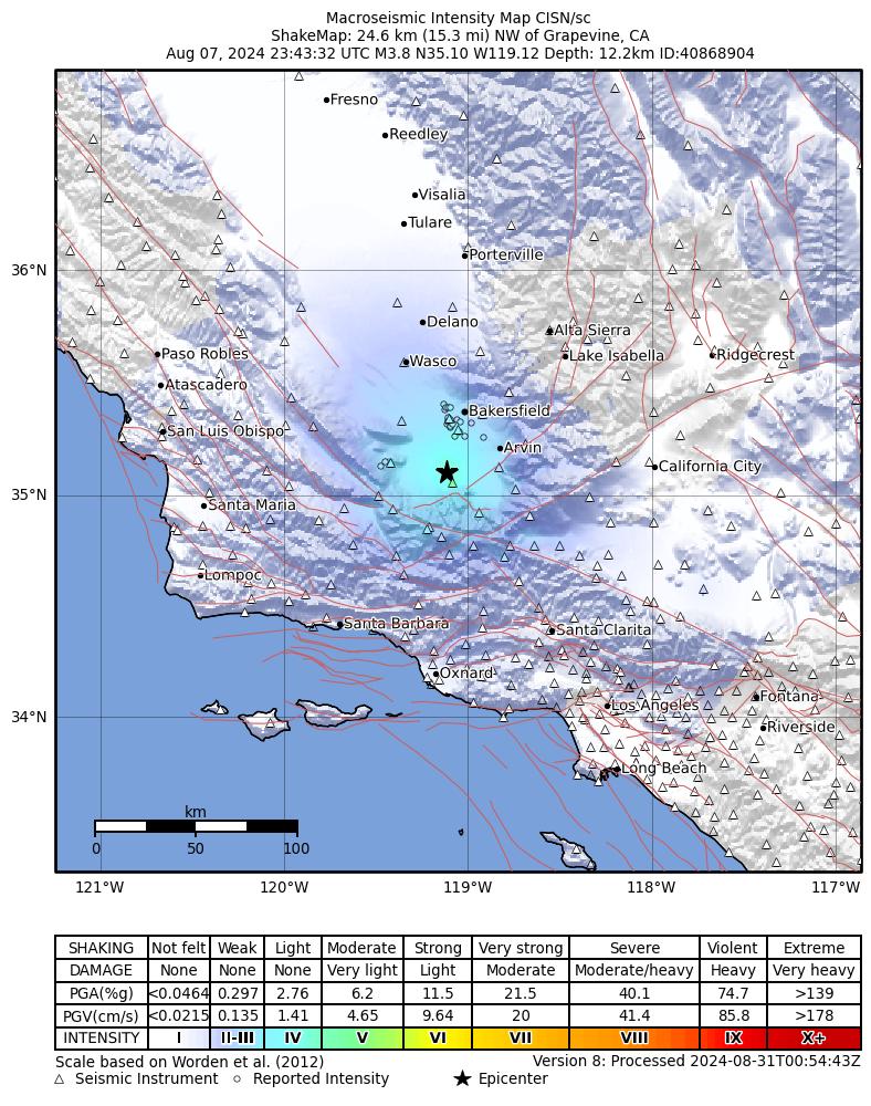 USGS ShakeMap intensity contours for the M3.8 earthquake near 25 km NW of Grapevine, CA