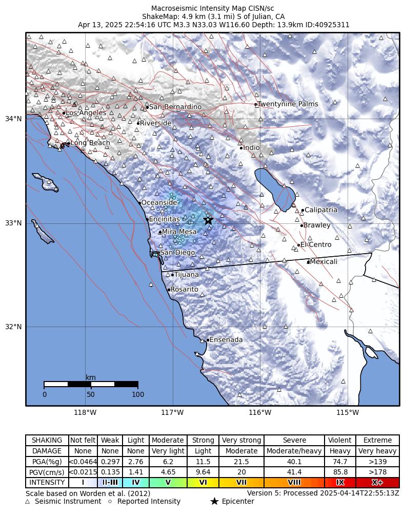 USGS ShakeMap intensity contours for the M3.3 earthquake near 5 km S of Julian, CA