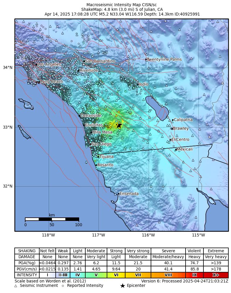 USGS ShakeMap intensity contours for the M5.2 earthquake near 5 km S of Julian, CA
