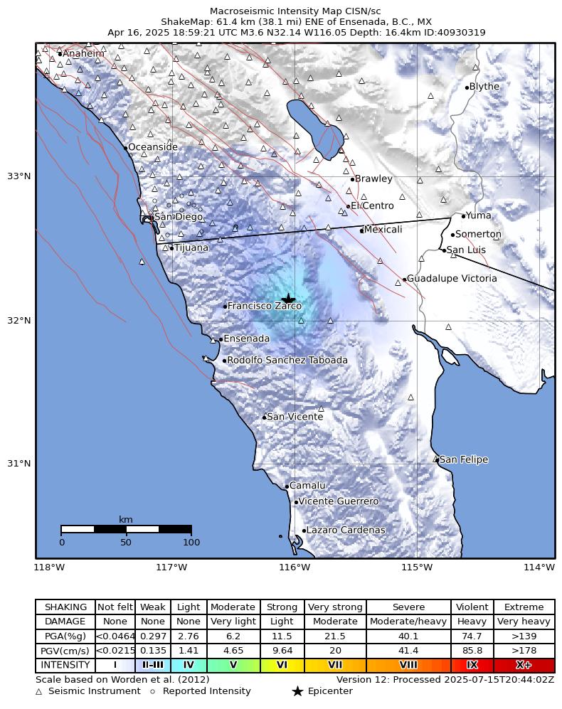 USGS ShakeMap intensity contours for the M3.6 earthquake near 61 km ENE of Ensenada, B.C., MX
